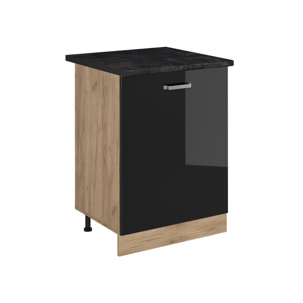 KÜCHENUNTERSCHRANK R-Line, Schwarz Hochglanz/Goldkraft Eiche, 60 cm mit 1 Tür Arbeitsplatte Anthrazit - Schwarz Hochglanz/Eichefarben, Holzwerkstoff (60/81.6/60cm) - Vicco