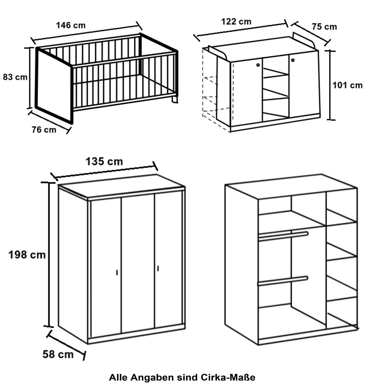 BABYZIMMER-SET 3-tlg.: Babybett & Wickelkommode & Kleiderschrank 3-türig B135/H198/T58 cm, Soft-Close, Landhausstil Weiß / 22803 - Silberfarben/Weiß, Holzwerkstoff/Metall (76/83/146cm) - luma-home