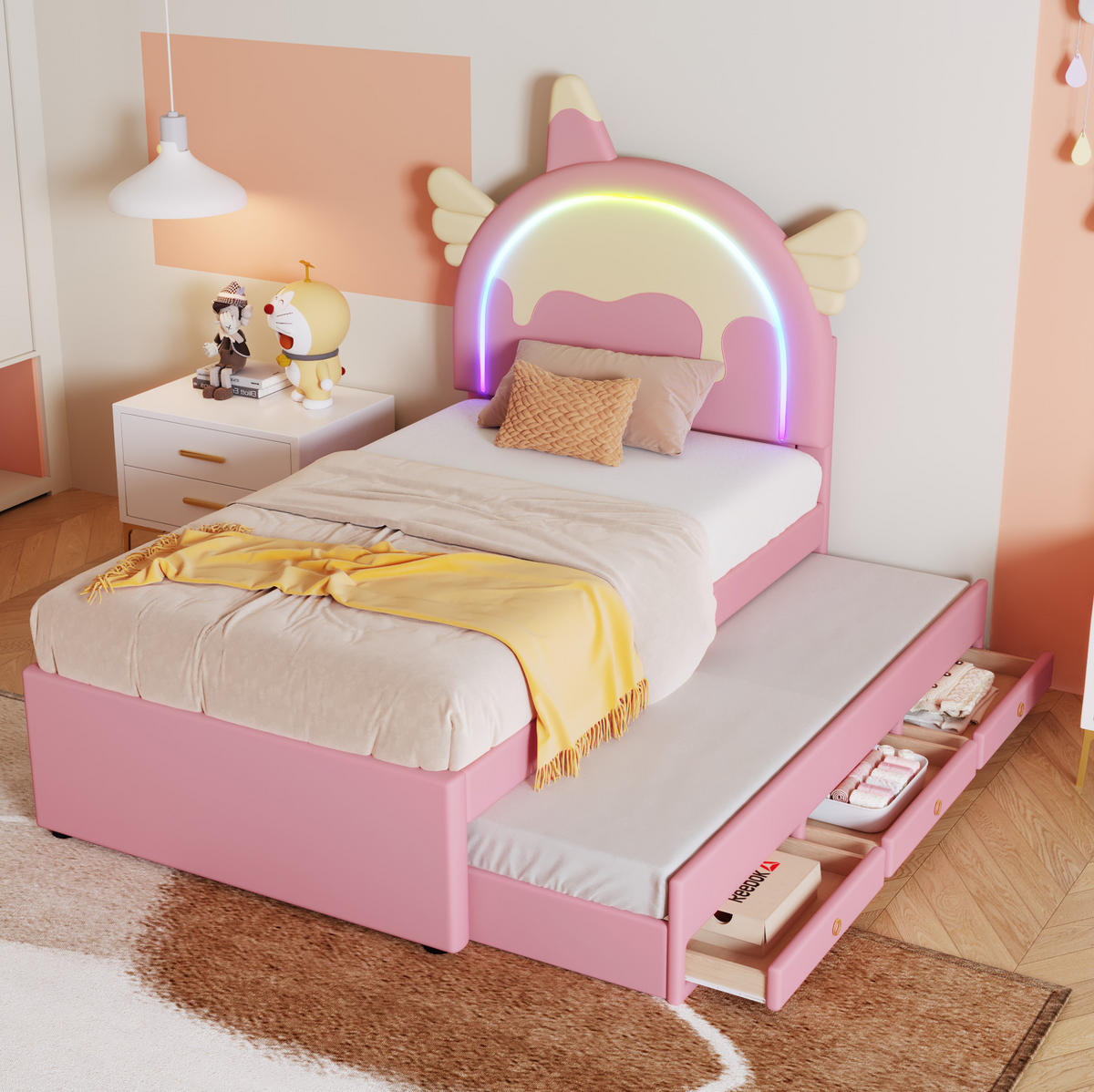KINDERBETT 90x200 cm in Rosa mit Einhorn-Kopfteil, Ausziehbett und Schubladen - Rosa, Kunststoff (90/200cm) - IVMEU