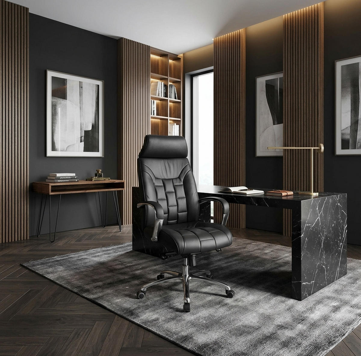 CHEFSESSEL Echtleder mit Multiblockmechanik und Lendenstütze Belastbar bis 120 kg - Silberfarben/Schwarz, Leder (66/128/62cm) - KADIMA DESIGN