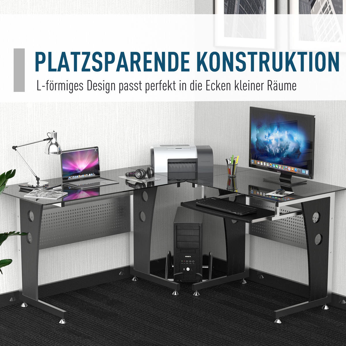 COMPUTERTISCH L-Form, MDF, Eisen Schwarz - Schwarz, Kunststoff (164/139/75cm) - HOMCOM