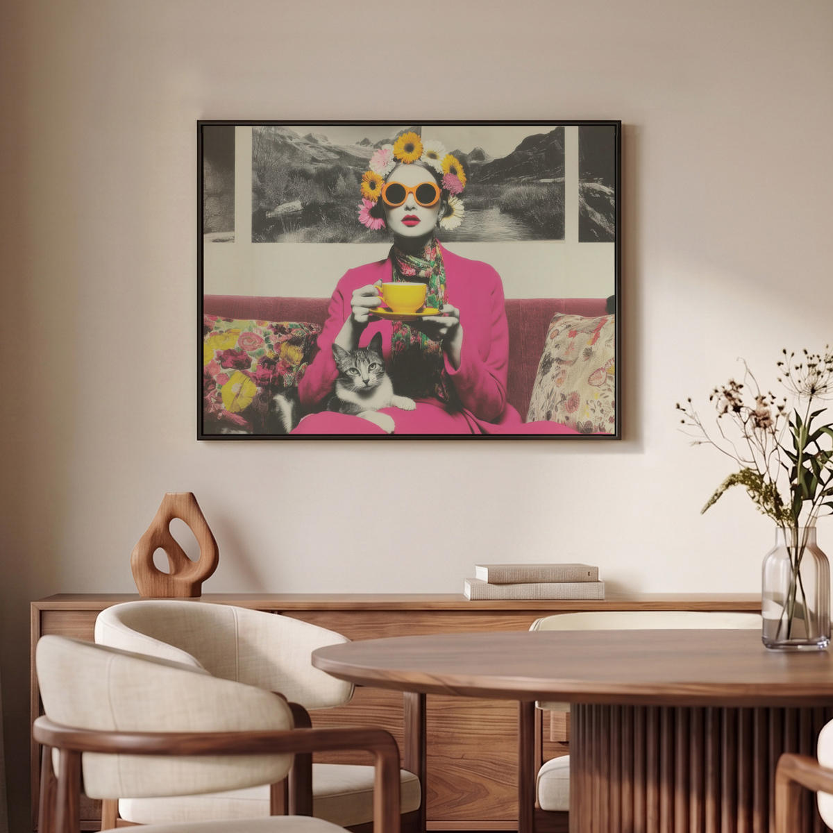 LEINWAND Bilder mit Rahmen - Frau - Katze - Blumen - Tasse - Retro - 70x50 - Magenta, Textil (70/50cm) - MuchoWow