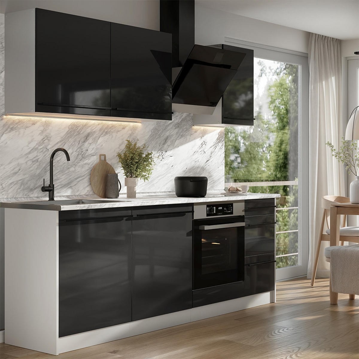 KÜCHENZEILE R-Line, Anthrazit Hochglanz/Weiß, 220 cm Arbeitsplatte Goldkraft Eiche - Schwarz Hochglanz/Weiß, Holzwerkstoff (220/81.6/60cm) - Vicco