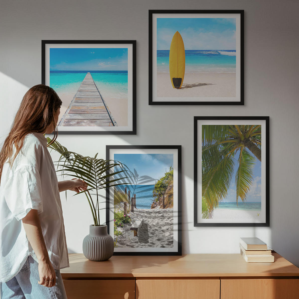 BILDER SET 4er Set - 50x50 cm & 40x60 cm Schwarzer Rahmen - Urlaubsblick Strand Palmen - Schwarz, Kunststoff (50/50cm) - TULUP