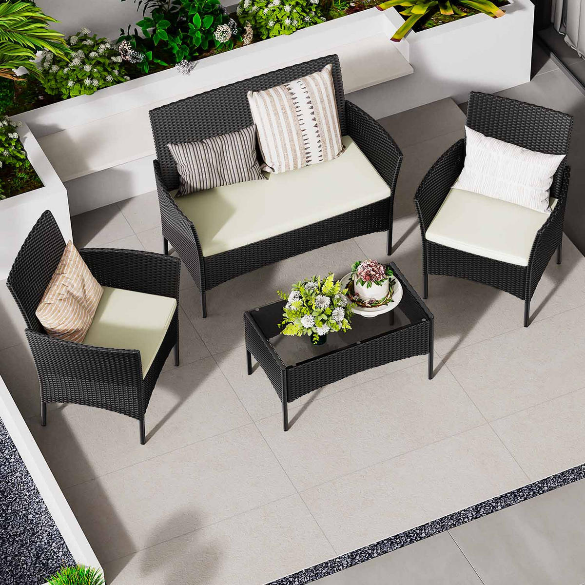 ECKSOFA Loungeset 4tlg Schwarz Gartensofa Set - Schwarz, Textil - Rattrix