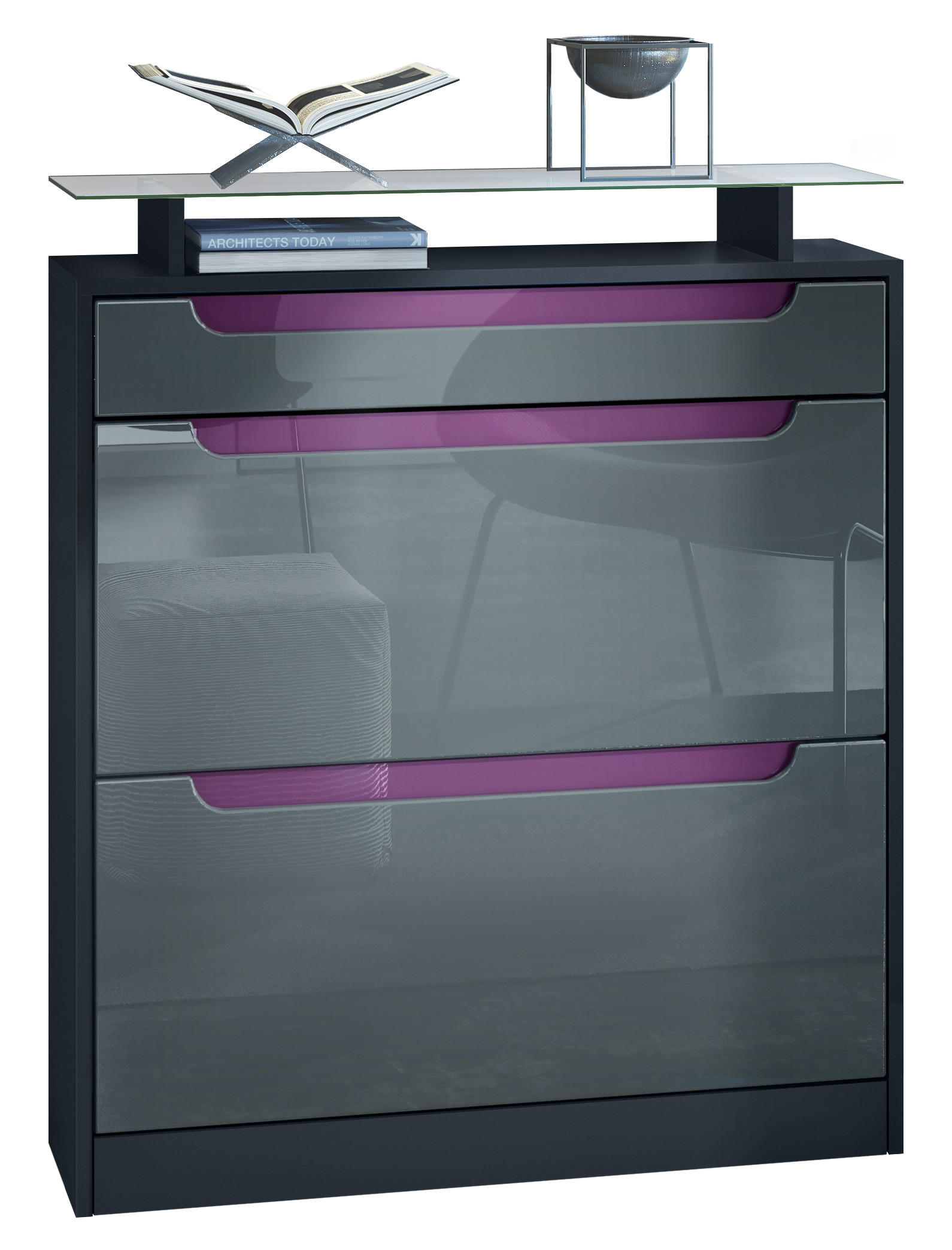 SCHUHSCHRANK Fiesta Grau Hochglanz / Brombeer Hochglanz - Grau, Holzwerkstoff (89/104/23cm) - Vladon