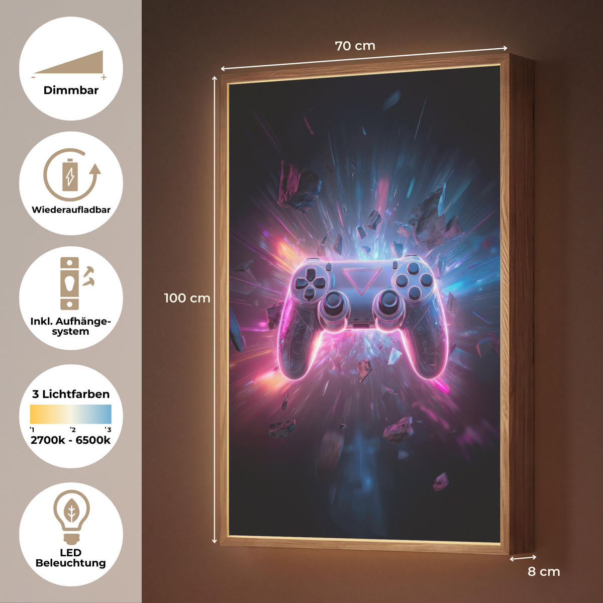 NÁSTĚNNÁ LAMPA S AKUMULÁTOREM Controller - Neon - Explosion - Abstraktní 70x100 cm - fialová, kompozitní dřevo (70/100/8cm)