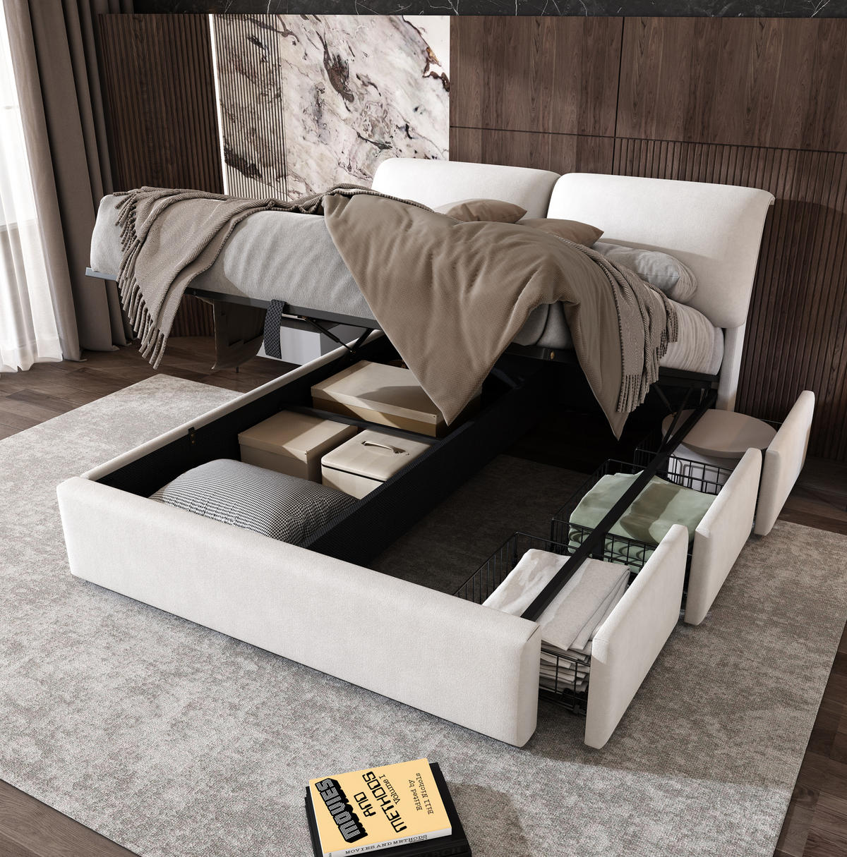 POLSTERBETT 140/200 cm mit hydraulischem Bettkasten, 3 Schubladen und verstellbarem Kopfteil aus Samt, Beige - Beige, Textil (140/200cm) - Redom