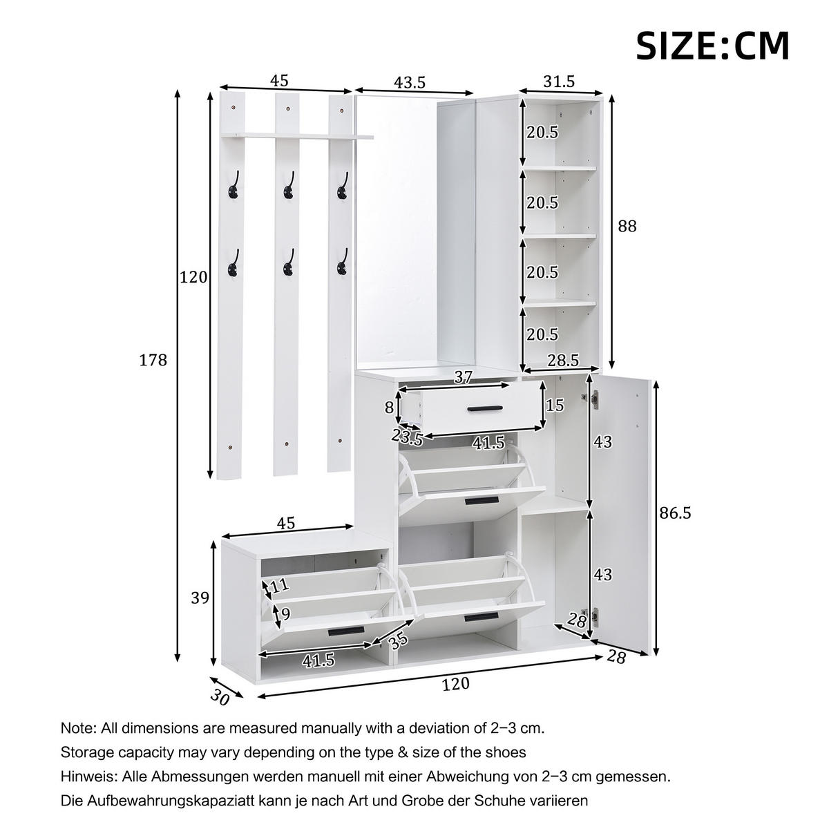 GARDEROBE Schuhschrank Spiegel Haken Wandmontiert Weiß - Weiß, Holzwerkstoff (120/178/30cm) - FLIEKS