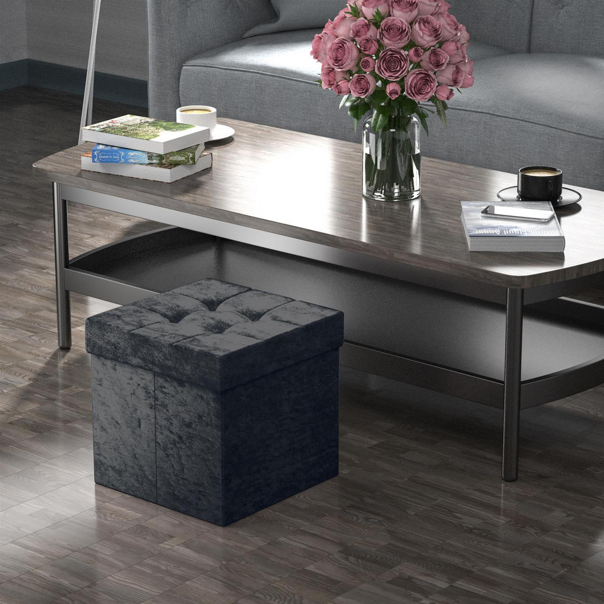 SITZHOCKER Faltbar mit Samtbezug 38/38/38 cm (Schwarz) - Schwarz, Karton (38/38/38cm) - Intirilife