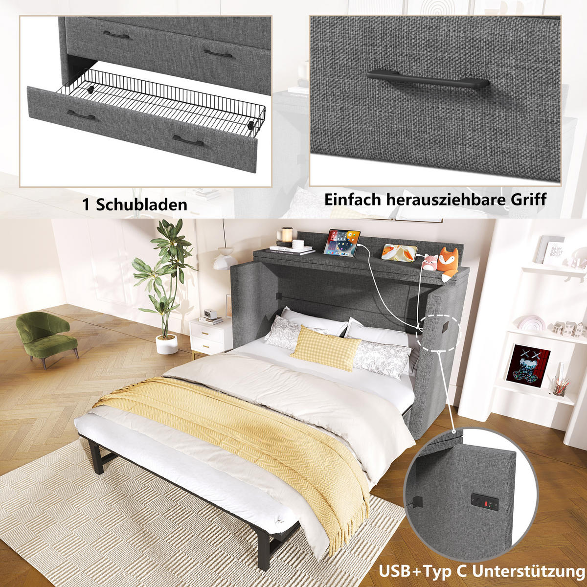 SCHRANKBETT aus Leinen 140x200 cm Grau mit USB- und Typ-C-Anschlüssen, Schublade und wandelbarem Ablagefach - Grau, Textil (90/200cm) - Modfu