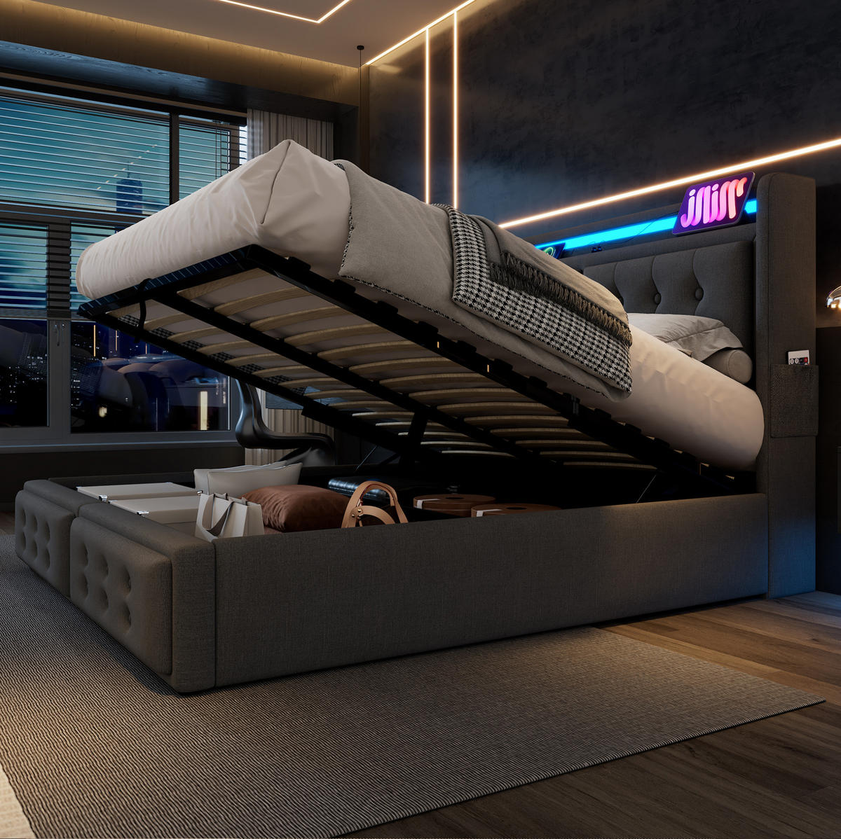 POLSTERBETT mit Stauraum, LED und USB 160x200 cm Grau - Grau, Metall (160/200cm) - Meubliv