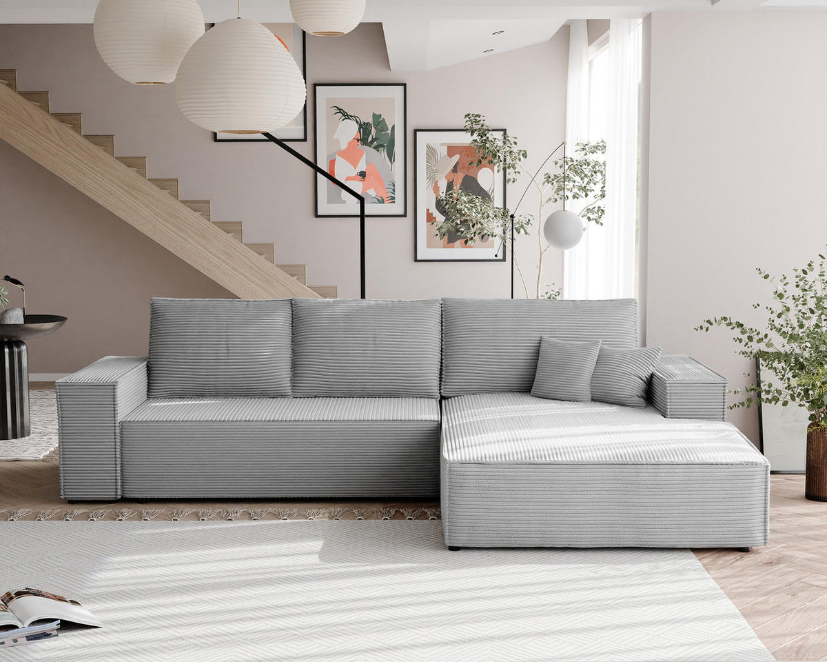 ECKSOFA NOVA mit Schlaffunktion und Bettkasten Hellgrau - Hellgrau, Holzwerkstoff/Kunststoff (250/90cm) - Idohome