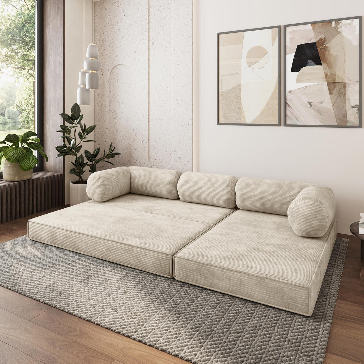 ROHOVÁ SEDAČKA ETERA modulární Boneless pohovka s funkcí spaní, krémová POSO 100 - krémová, textil (270/160cm) - MASSENO