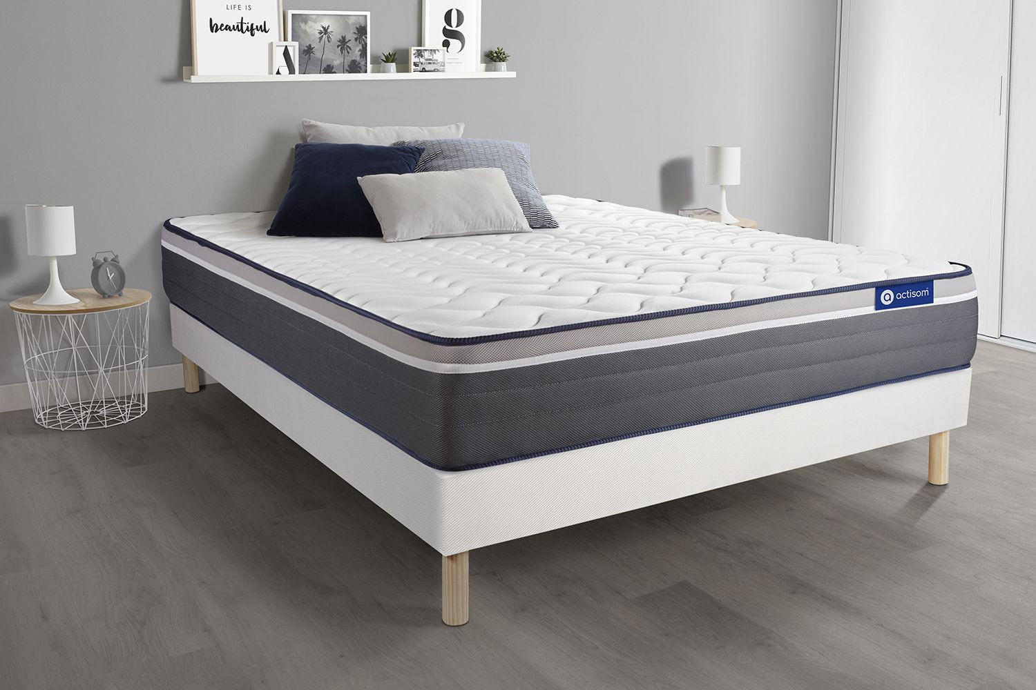 BETT Actimemo plus Memory-Schaum 140 x 220 cm h4 - Kit Bettgestell Weiß - Beige/Weiß, Holz (140/220cm) - ACTISOM