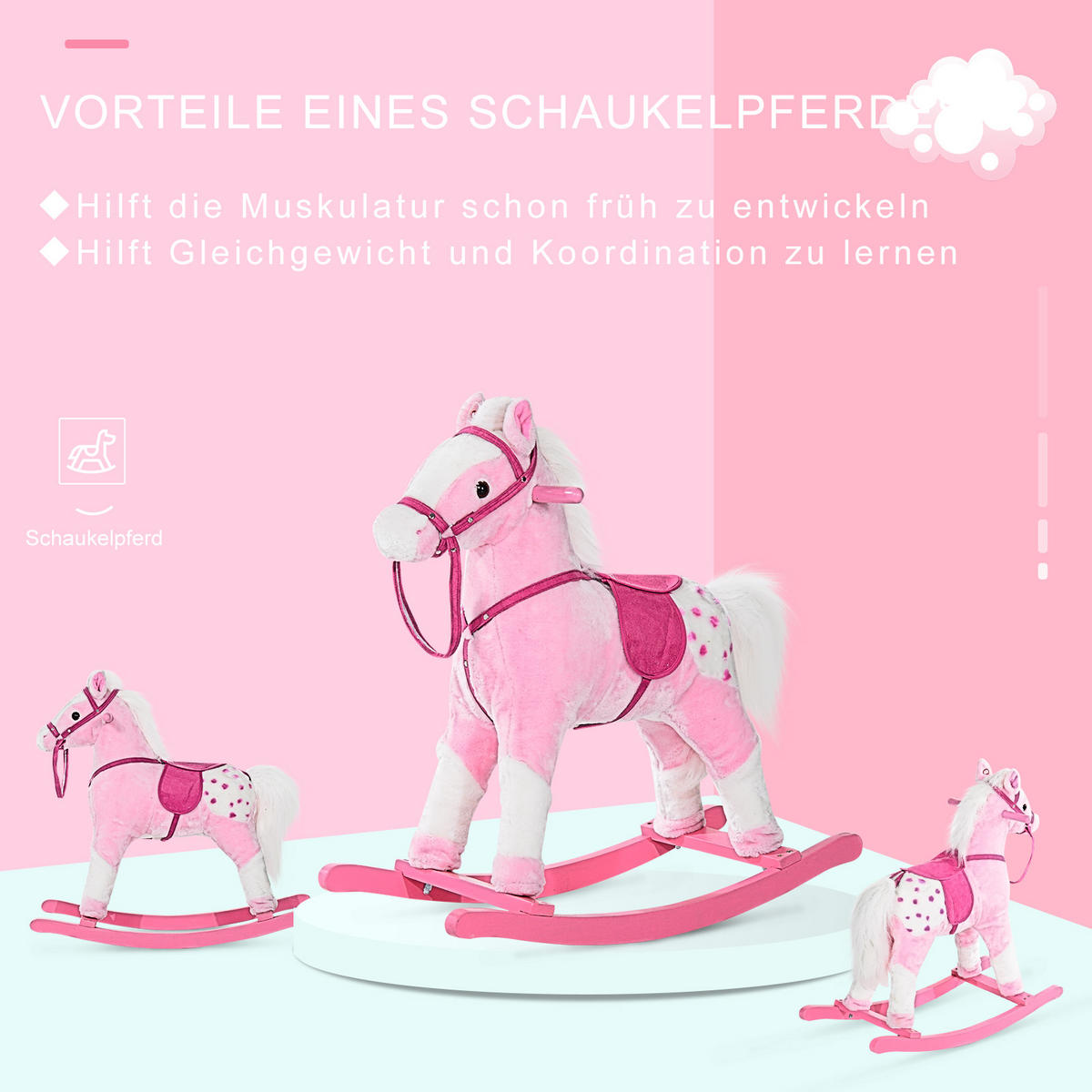 KINDER Schaukelpferd Wiehern Schaukeltier Schaukelspielzeug Rosa - Rosa, Holz (28/65/74cm) - HOMCOM