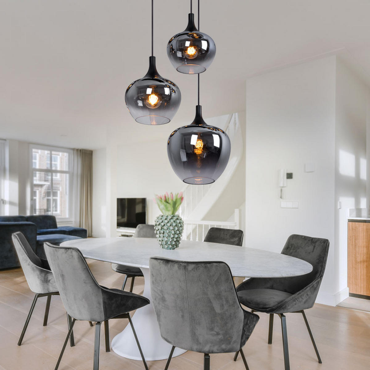 HÄNGELEUCHTE Metall Rauchfarben 3-flammig - Schwarz, Glas (48/48/120cm) - Globo Lighting