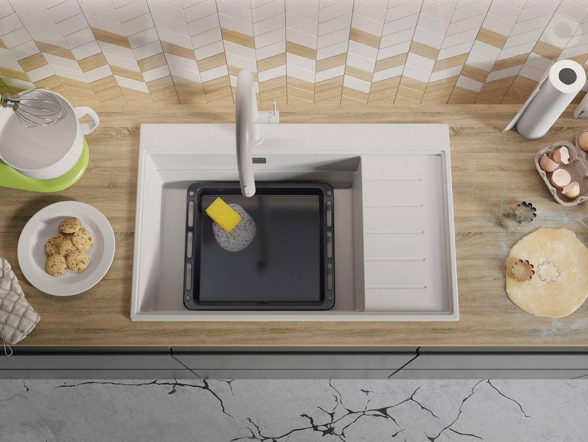 SPÜLBECKEN Sydney, 2-er set Weiß 78/50 cm 1 Becken + Ablauf-Set + Küchenzubehörset ab 60er Unterschrank - Chromfarben/Beige, Kunststoff (78/20/50cm) - Primagran