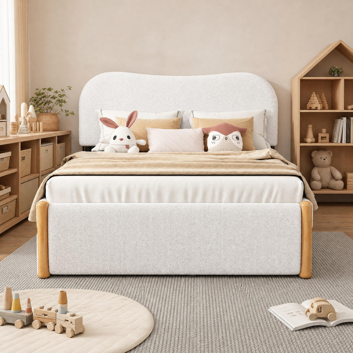 POLSTERBETT 140/200 mit ausziehbarem Rollbett, Vliesimitat, MDF und minimalistischer Formgebung in Weiß - Weiß, Holzwerkstoff/Textil (140/200cm) - EVRYAE