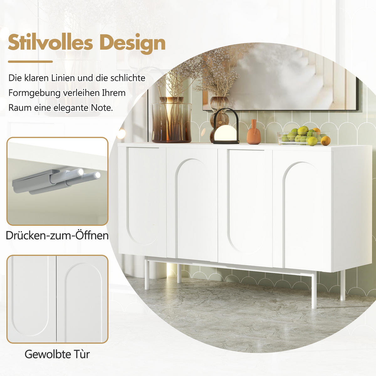 SIDEBOARD in Weiß Anrichte mit 4 Türen im Bogenmuster für Esszimmer und Wohnzimmer, B140/T42/H80 cm - Weiß, Holzwerkstoff/Metall (140/80/42cm) - STILVORA