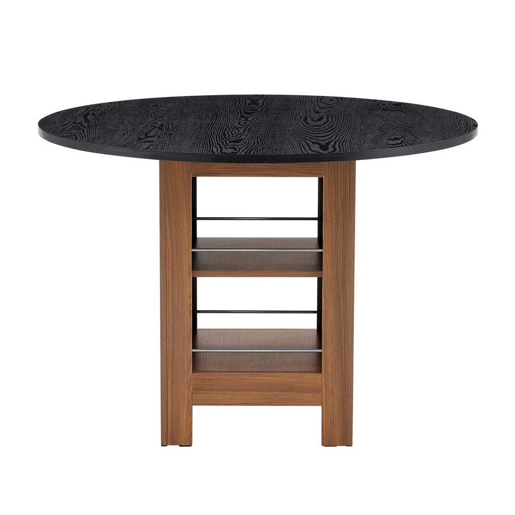 Modfu JÍDELNÍ stůl z MDF 100x100x76 cm ořechová/černá s úložnými policemi a odolnou deskou