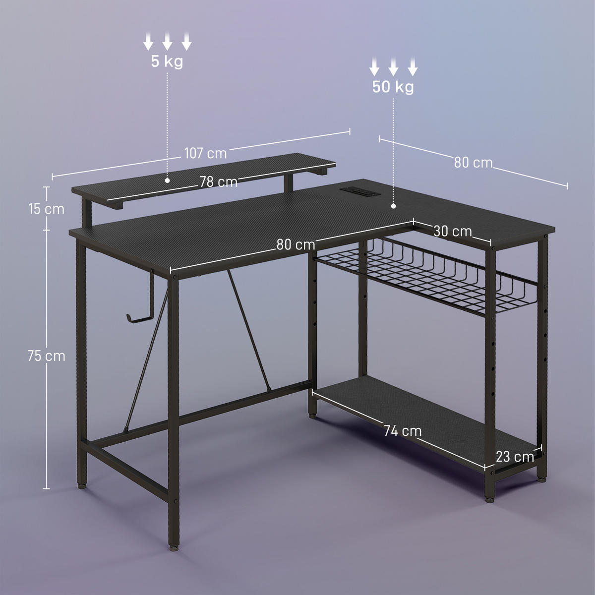 ECKSCHREIBTISCH DE-14907 mit LED, USB & Steckdosen Schwarz - Schwarz, Holzwerkstoff (107/80/90cm) - ComfortXL