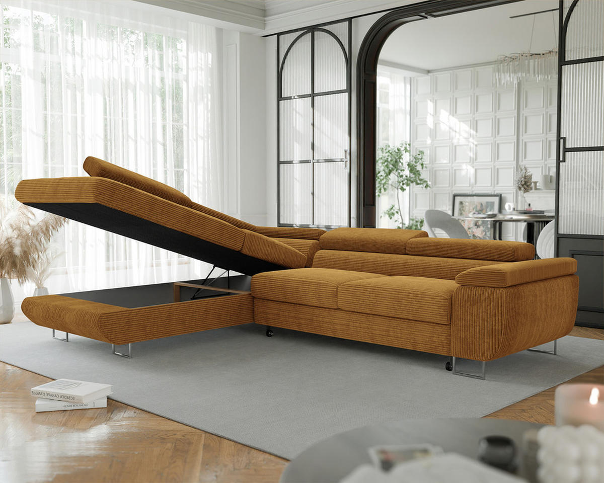 ECKSOFA ANTON mit Schlaffunktion und Bettkasten Senfgelb - Currygelb, Holzwerkstoff/Kunststoff (274/203cm) - Idohome