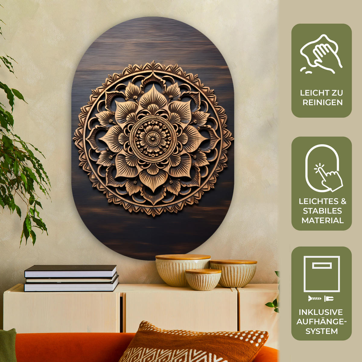 WANDBILD Mandala - Holz - Blumen - Braun 80x120 cm - Gelb, Kunststoff (80/120cm) - MuchoWow