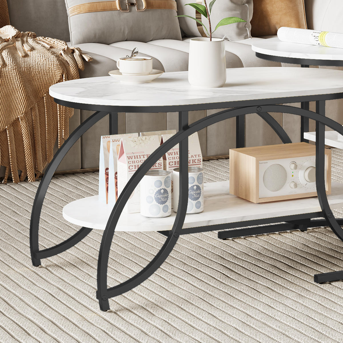 COUCHTISCH 2er Set rund Marmoroptik Metall schwarz weiß - Weiß, Holz (46/80/45cm) - LEBENLANG