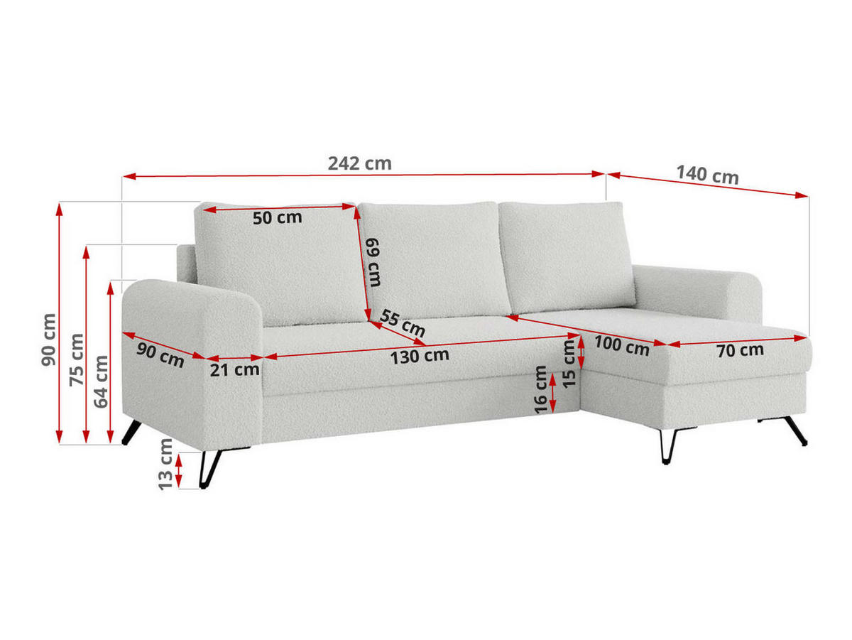 ECKSOFA Hugo Boucle Weiß - Schwarz/Weiß, Textil/Metall (242/140cm) - MKS