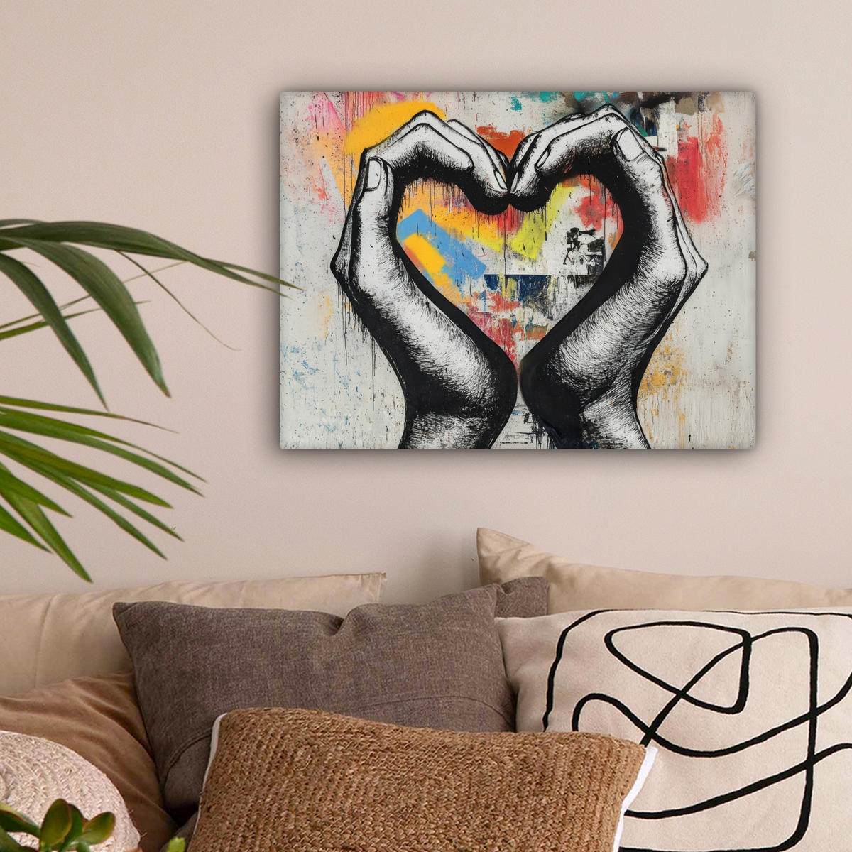 OBRAZ NA PLÁTNE Ruky - Srdce - Street art - Graffiti 40x30 cm - viacfarebná, textil (40/30cm) - MuchoWow