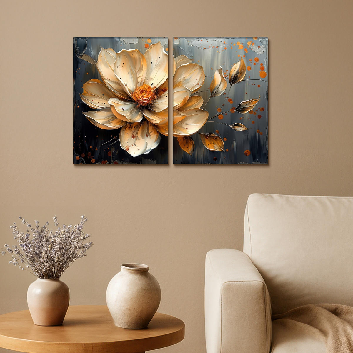 LEINWANDBILD 2er Set Blume - Gold - Abstrakt - Farbe 60x40 cm - Creme, Textil (60/40cm) - MuchoWow