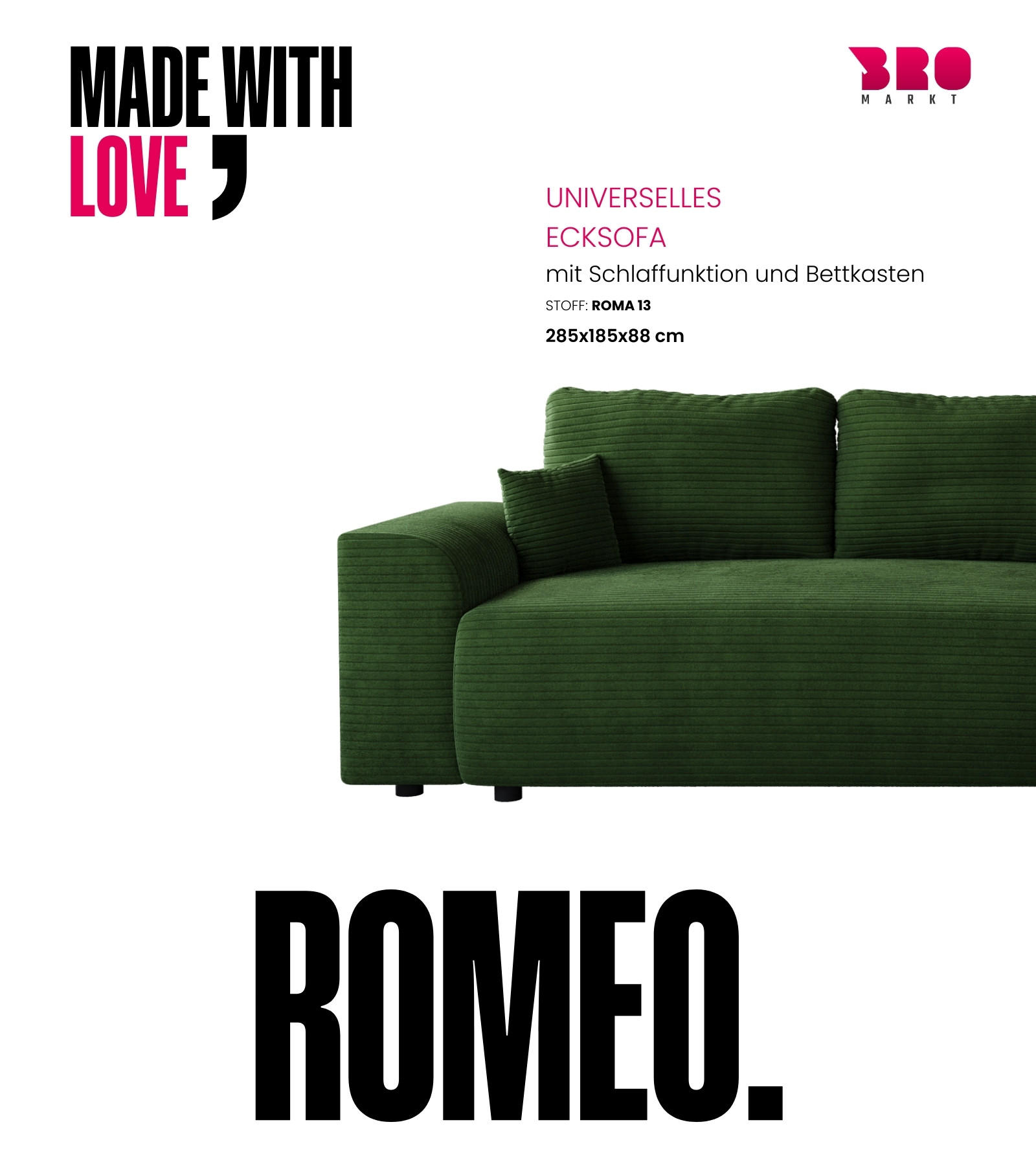ECKSOFA Romeo mit Schlaffunktion Grün - Grün, Textil (285/185cm) - Bromarkt