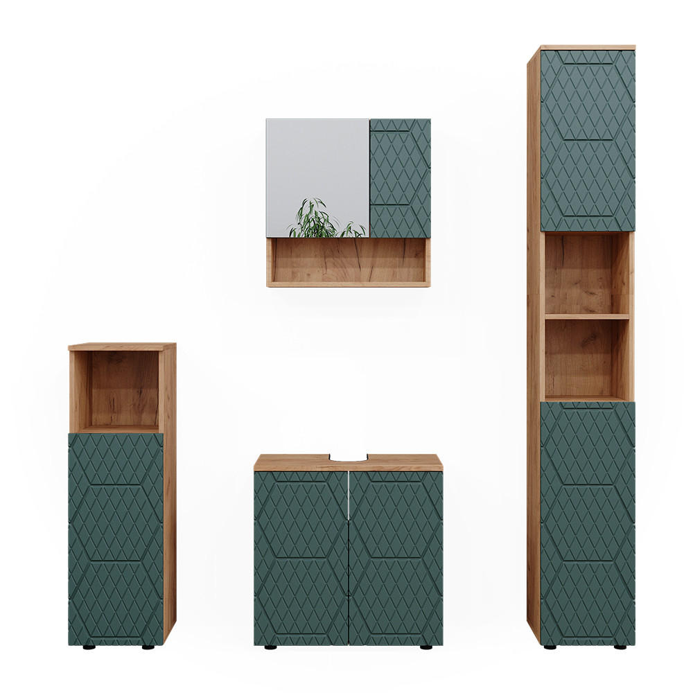 BADMÖBEL-SET Irma Grün 4 Teile, mit Hochschrank - Eiche Wotan/Grün, Holzwerkstoff (80/58.6/41cm) - Vicco