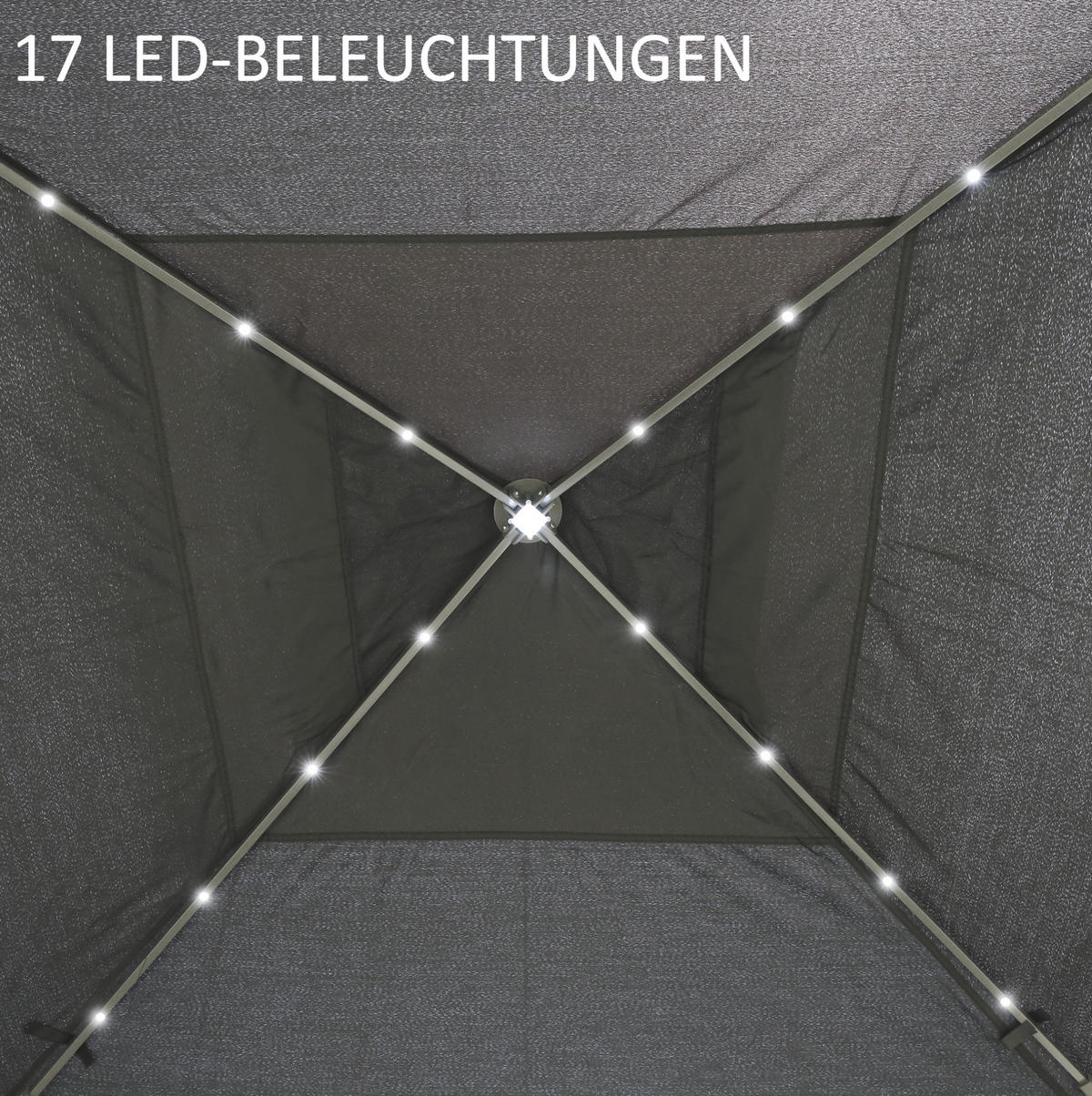 FALTPAVILLON aus Metall 330/330/288 cm mit LED-Beleuchtung, USB-Aufladung und Netzvorhängen, Grau - Grau, Metall (330/288/330cm) - Redom