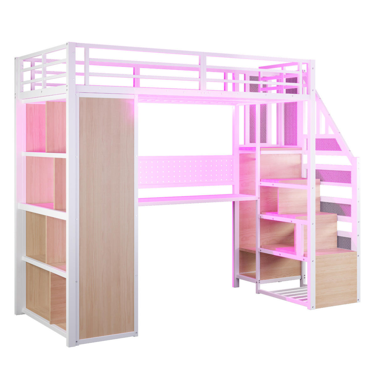 HOCHBETT 90/200 cm aus Metall und werkstoff mit Schreibtisch, Stauraumtreppe, Kleiderschrank und LED, Weiß - Weiß, Metall (90/200cm) - Redom