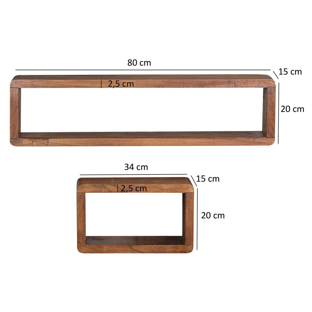 HÄNGEREGAL 3er Set BALO Sheesham - Braun, Holz (80/20/15cm) - tinkaro