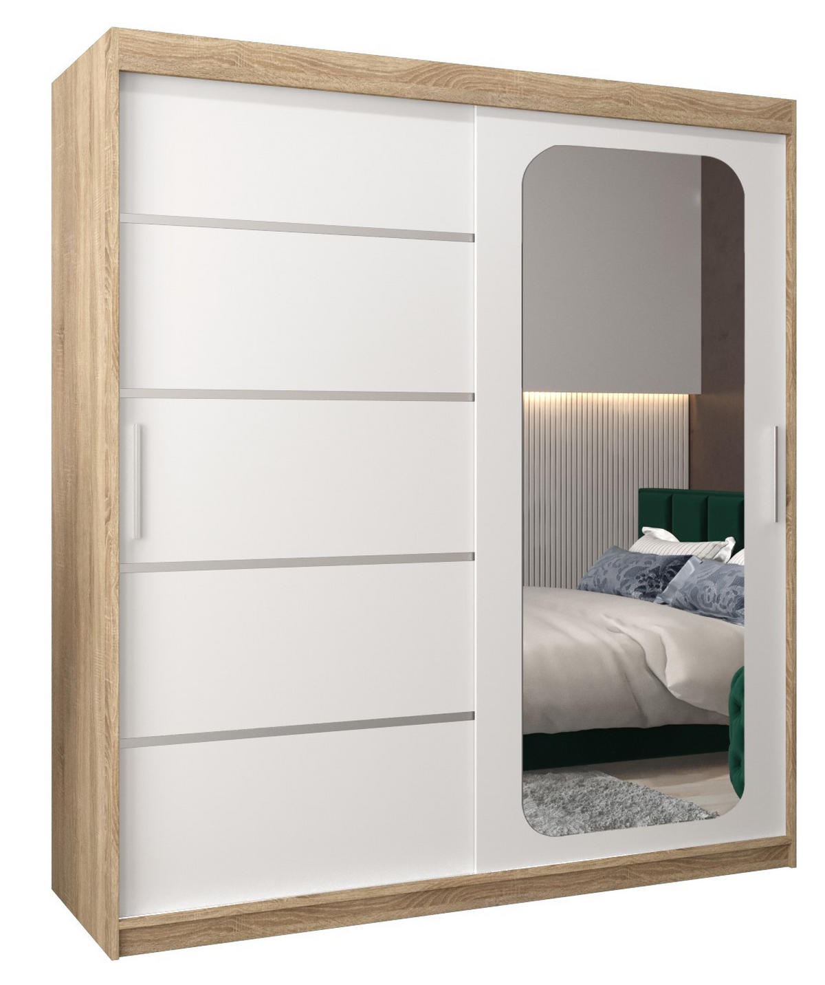 SCHWEBETÜRENSCHRANK 200/180/62 2-türig - Silberfarben/Weiß, Holz/Kunststoff (180/200/62cm) - Abiks Möbel