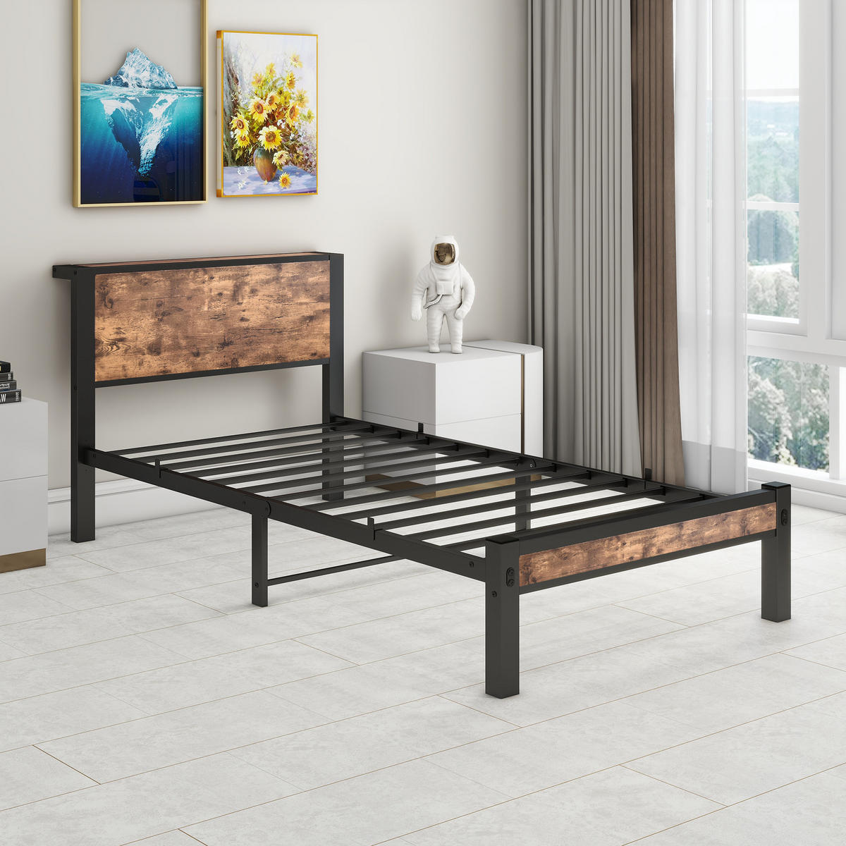 METALLBETT 90x200 cm Stauraum Kopfteil braun - Dunkelbraun, Holzwerkstoff (90/200cm) - LEBENLANG