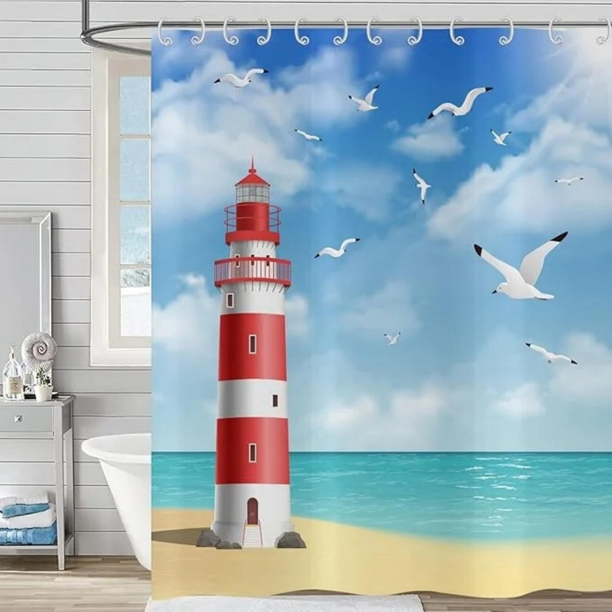 DUSCHVORHANG Blau Weiß Leuchtturm Landschaft Badewanne Badezimmer mit Haken - Blau, Textil (180/180cm) - MCBOSON