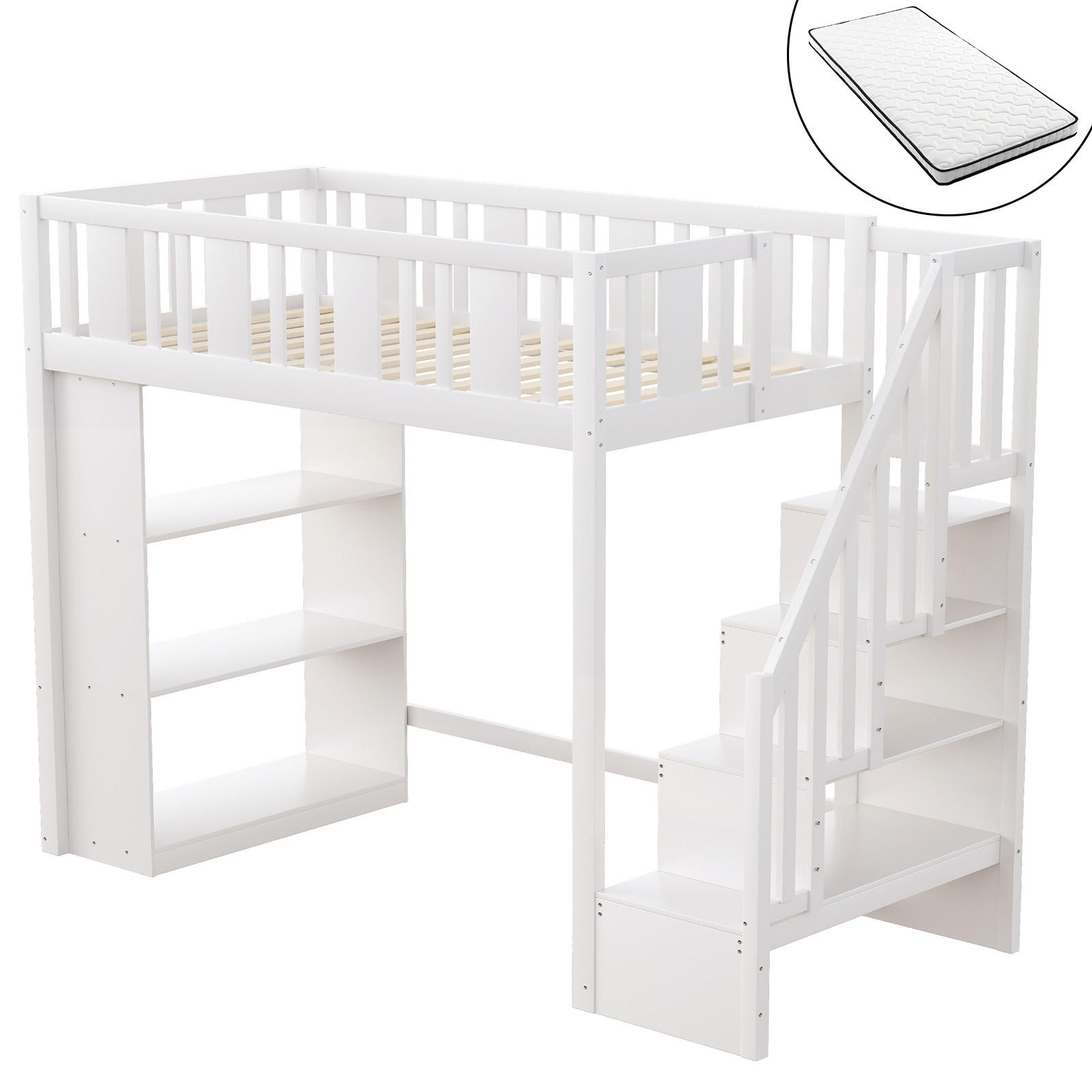 HOCHBETT 90/200 cm mit Stauraumtreppe in Weiß aus Kiefernholz mit Matratze - Weiß, Holzwerkstoff (90/200cm) - OKWISH