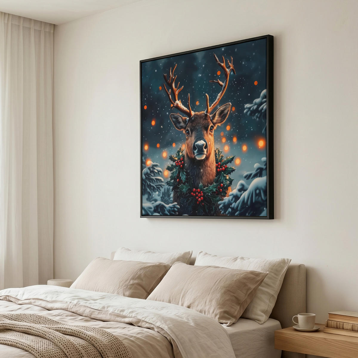 LEINWAND Bilder mit Rahmen - Hirsch - Weihnachten - Winter - Schnee - Weihnachtskranz - 90x90 - Dunkelbraun, Textil (90/90cm) - MuchoWow