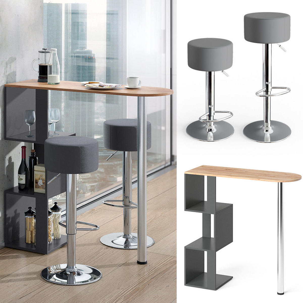 BARTISCH-SET Vincent Goldkraft Eiche 113 x 39.8 cm mit 2 Barhockern - Eiche Wotan, Holzwerkstoff (113/111.8/39.8cm) - Vicco