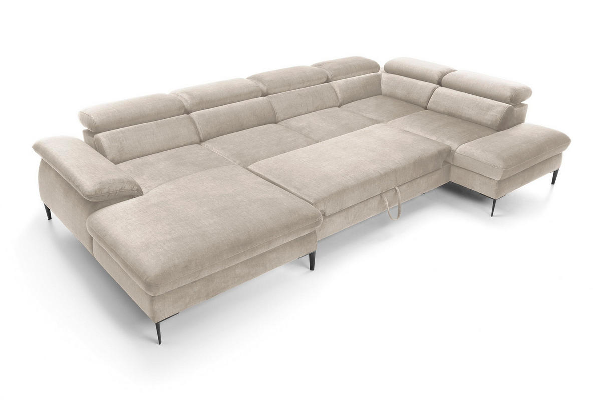 WOHNLANDSCHAFT MESTO Creme Velours-Stoff mit Schlaffunktion - Creme, Holz (353/94/182cm) - MASSENO