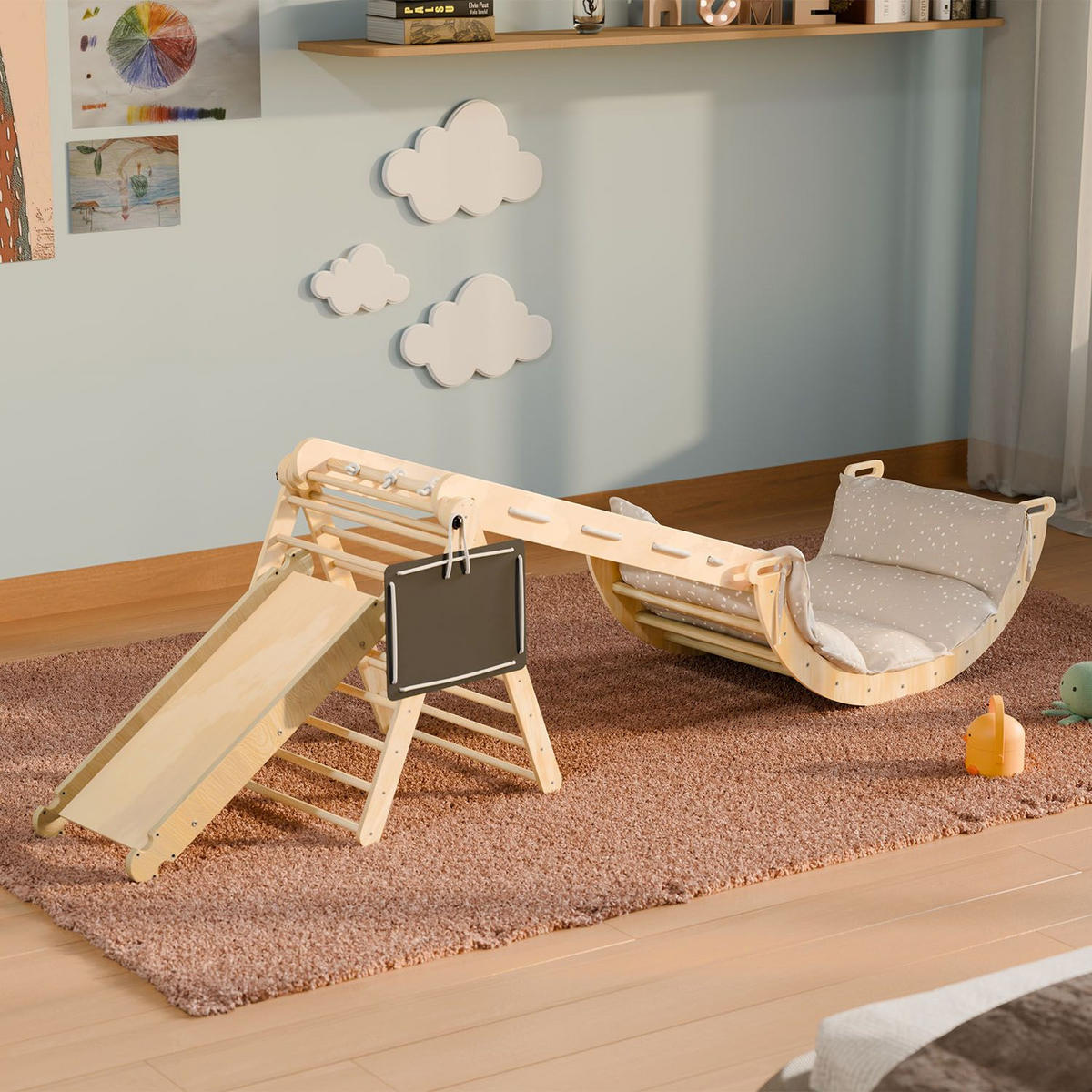 KLETTERDREIECK Movario mit Kissen 80x50cm - Groß - Naturfarben, Holz (56/101/54cm) - Juskys