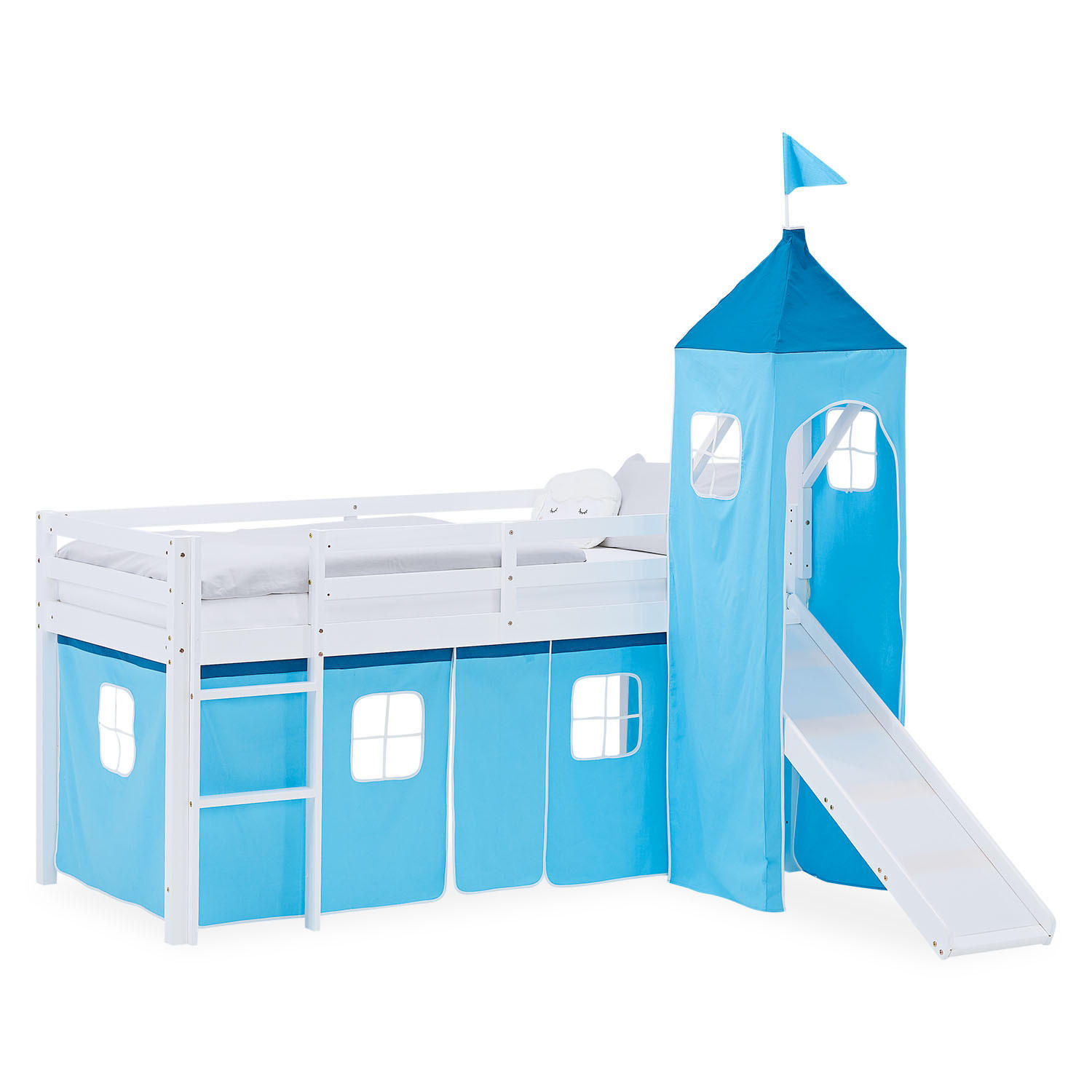 HOCHBETT 90/200 cm in weiß Rutsche Turm Bettvorhang Blau - Blau/Weiß, Holz/Textil (90/200cm) - Homestyle4u