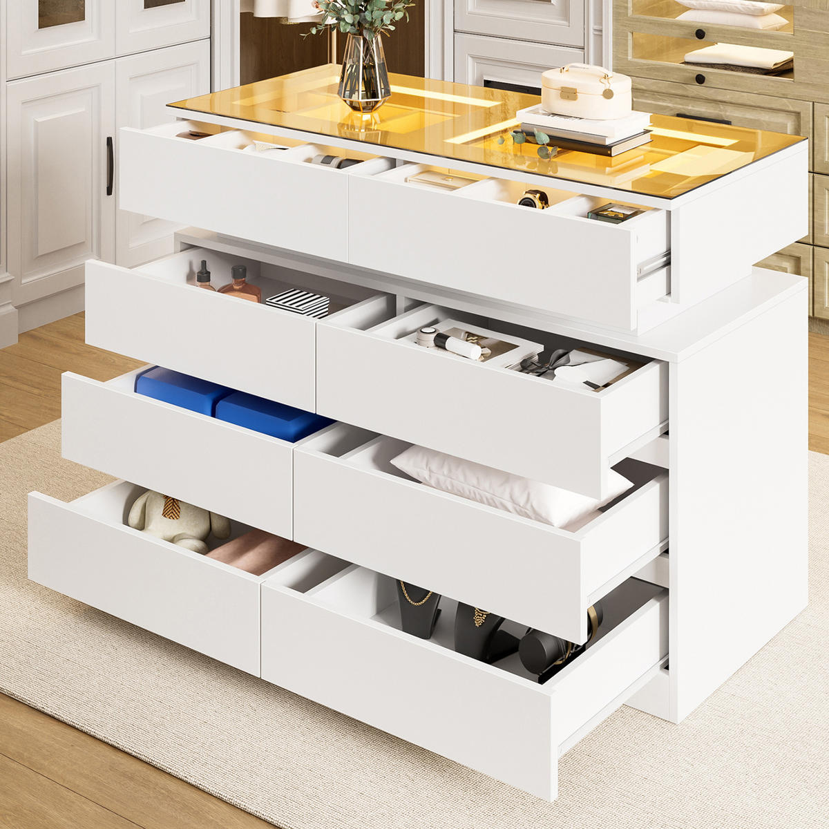 SIDEBOARD LED Glas 8 Schubladen Unterteilung Weiß 100cm Modern - Weiß, Glas (100/76/45cm) - FLIEKS