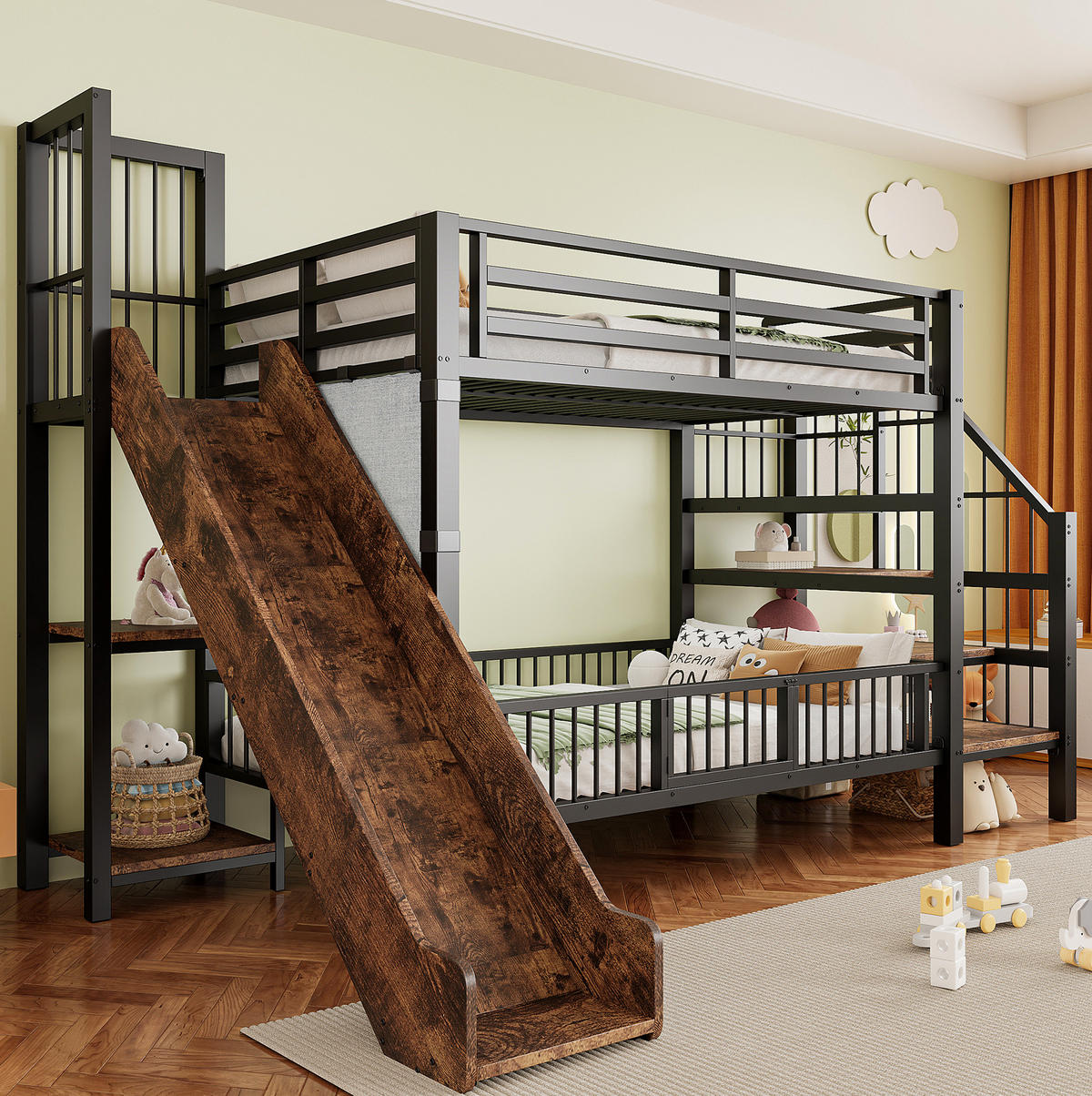 VISOKA postelja 90/200 cm črna z drsnikom in stopnicami za shranjevanje iz kovine in MDF - črna, leseni material (90/200cm) - OKWISH