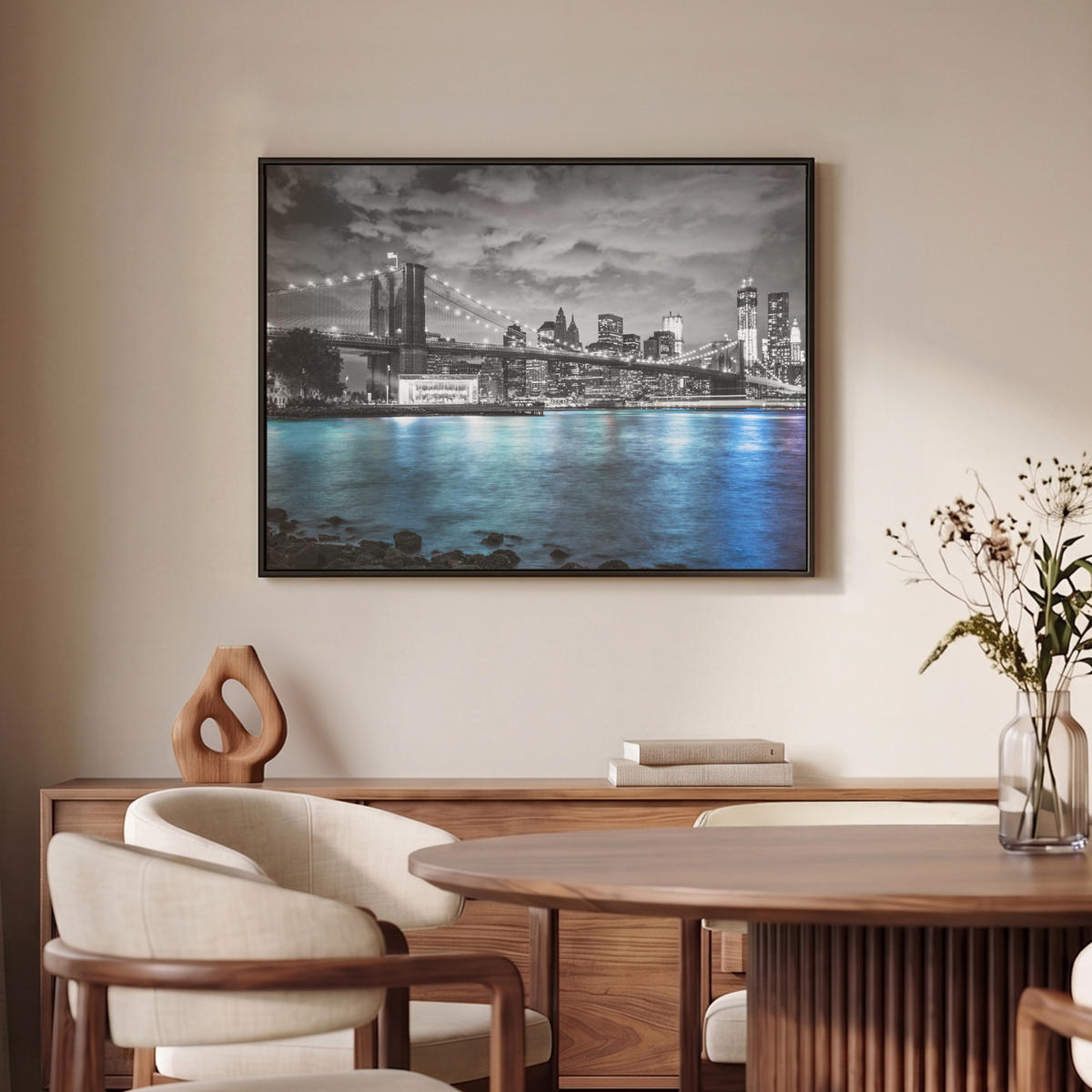 LEINWAND Bilder mit Rahmen - New York - Skyline - Stadt - Blau - 70x50 - Blaugrau, Textil (70/50cm) - MuchoWow
