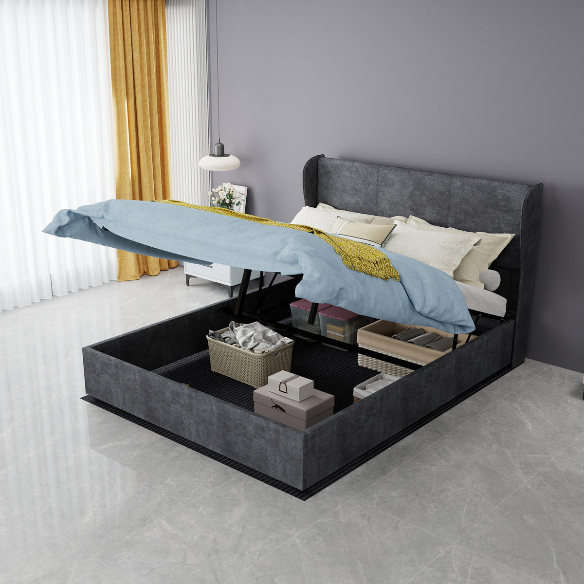 STAURAUMBETT 140/200 cm mit LED und Gaslift-Stauraum, DE-41911, in Grau - Grau, Metall (140/200cm) - ComfortXL